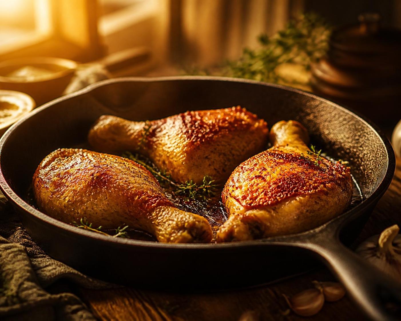 découvrez nos astuces simples pour réussir la cuisson de vos cuisses de poulet à la poêle, obtenant une peau dorée et croustillante à chaque fois.