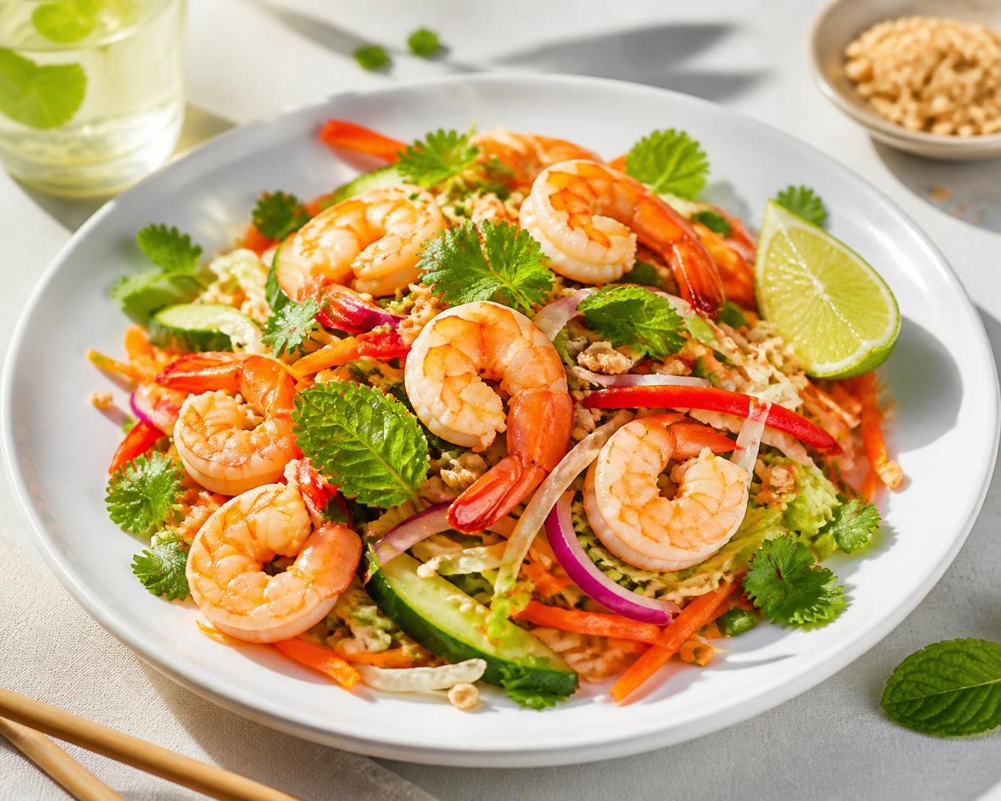 découvrez notre salade thaï aux crevettes, un équilibre parfait entre fraîcheur croquante et saveurs exotiques pour un repas léger et gourmand.