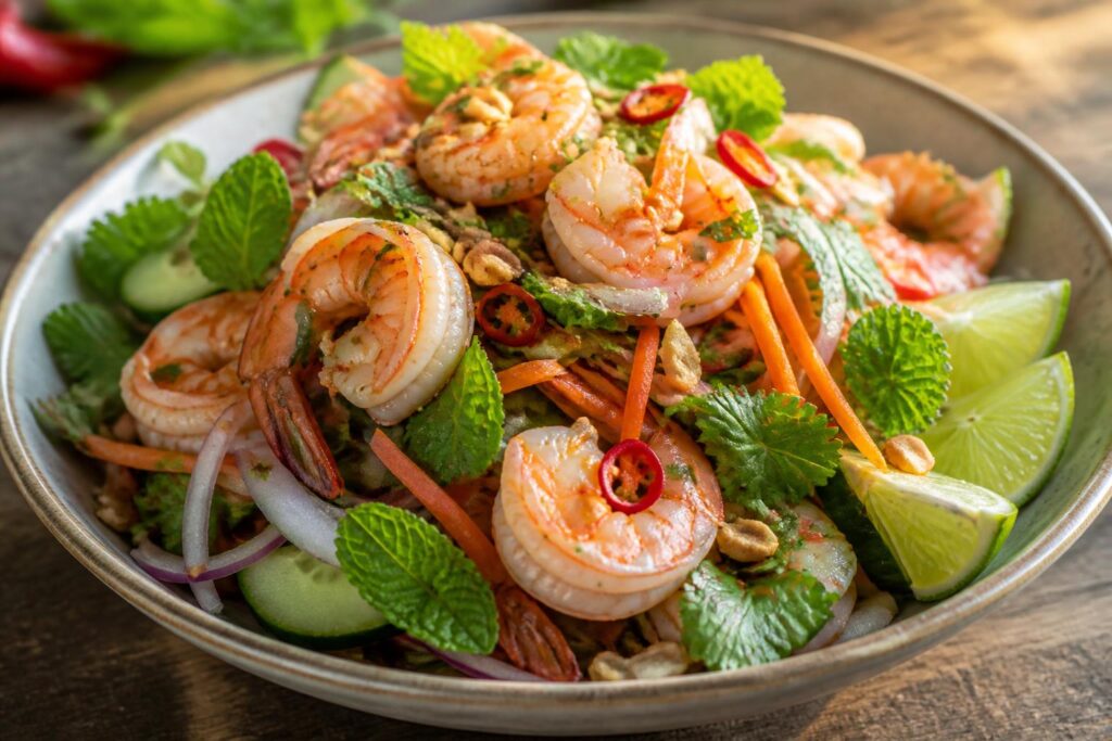 découvrez notre salade thaï aux crevettes, un équilibre parfait entre fraîcheur croquante et saveurs exotiques qui éveilleront vos papilles.