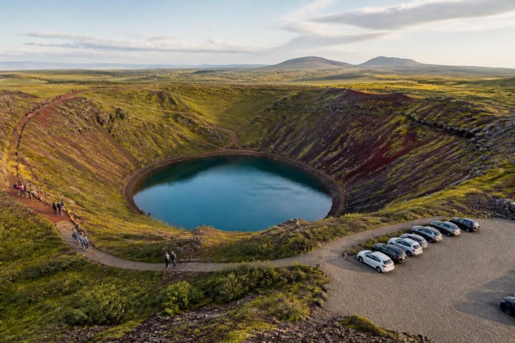 découvrez le cratère kerid en islande : informations pratiques sur les heures d'ouverture, les options de parking et conseils pour une visite réussie.
