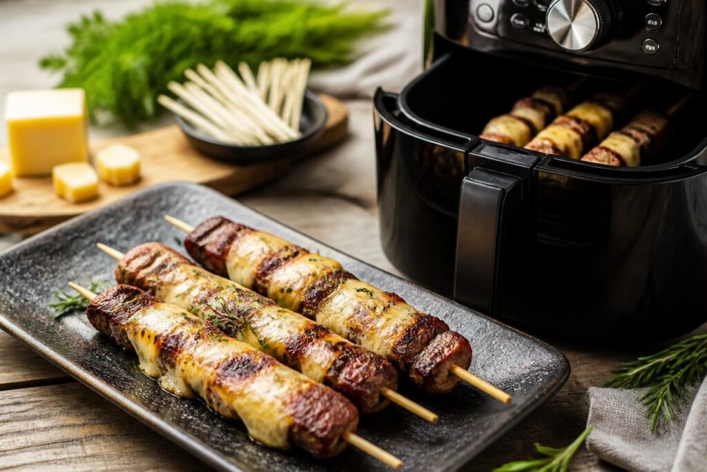 découvrez notre recette facile et rapide de brochettes de bœuf au fromage façon yakitori, à préparer parfaitement dans votre air fryer pour un goût savoureux et fondant.