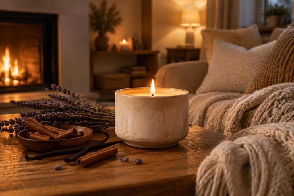 créez une ambiance chaleureuse et parfumée avec une bougie cocooning, idéale pour vos moments de détente et un intérieur accueillant.
