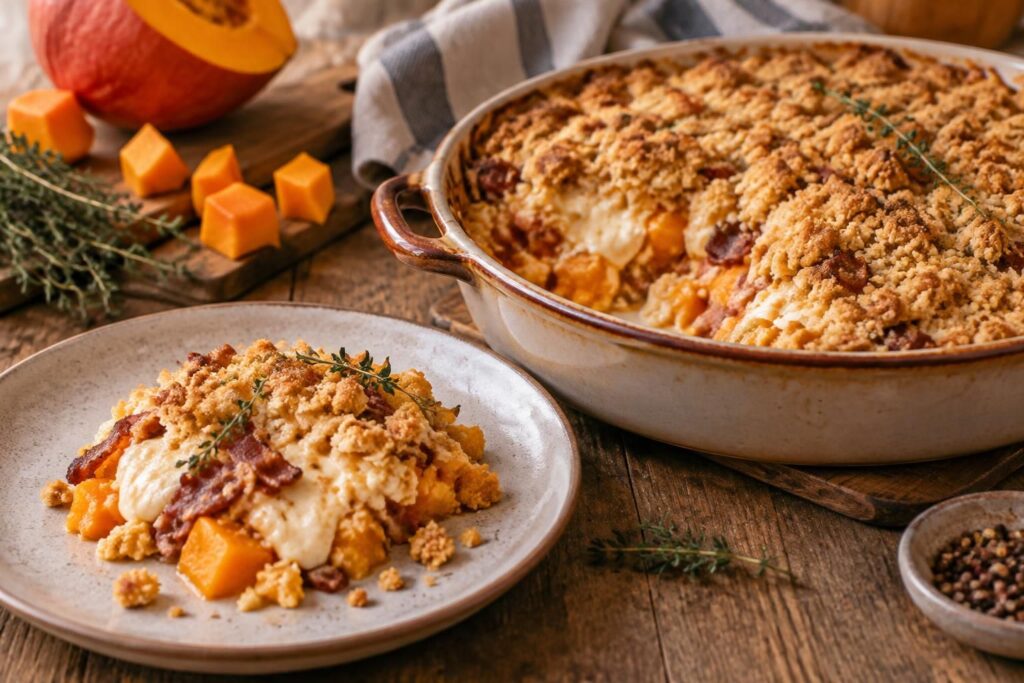 découvrez un crumble de potimarron au chèvre, fondant et croustillant, à personnaliser avec du bacon ou des lardons pour un repas gourmand.